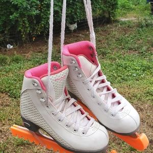 Riedell Youth Ice Skates, white and pink. Size J12